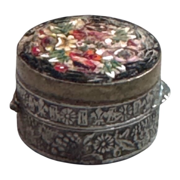 Vintage Italian Micro Mosaic Floral Pill Box Floral Inlaid Silver Plated Trinket - Picture 1 of 9